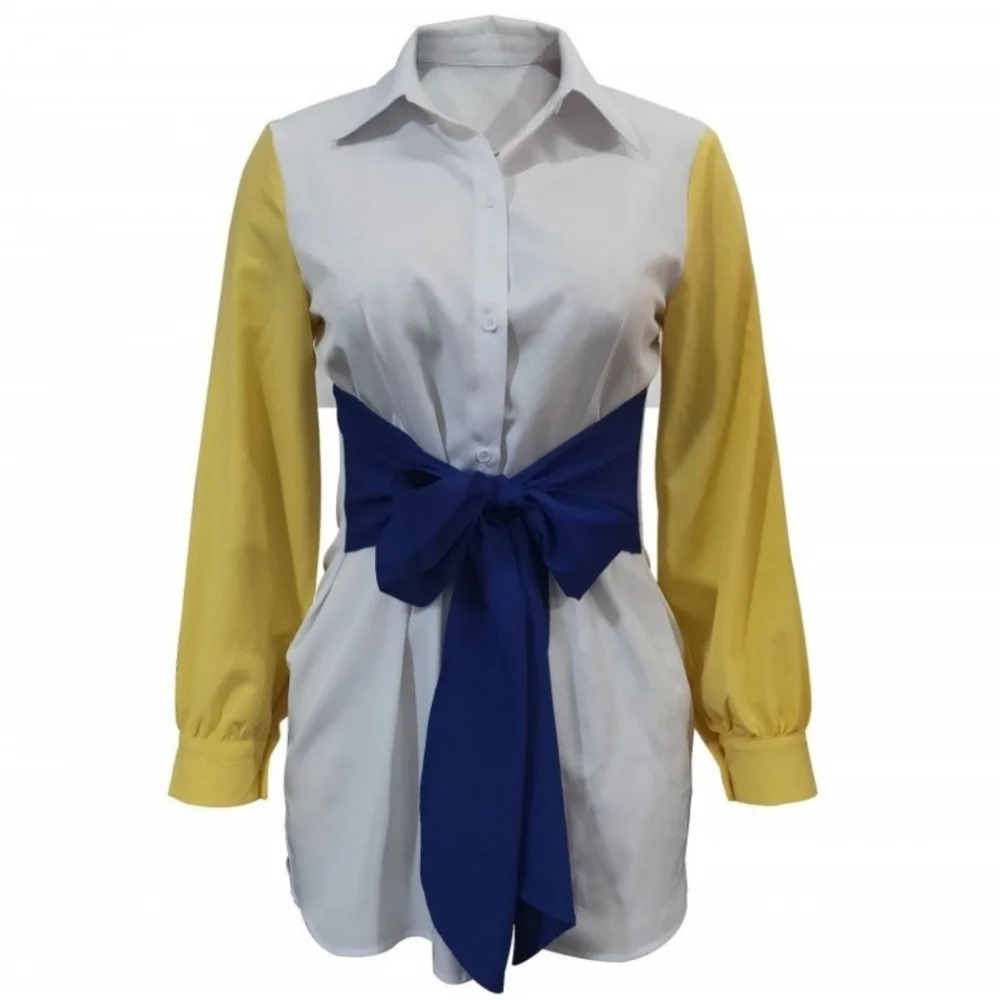 Denimland Yellow White Blue Button Up Tunic Shirt Dress